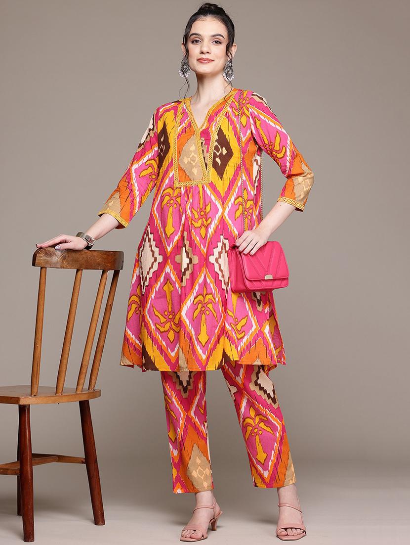 women printed three quarter sleeve ethnic co-ord set