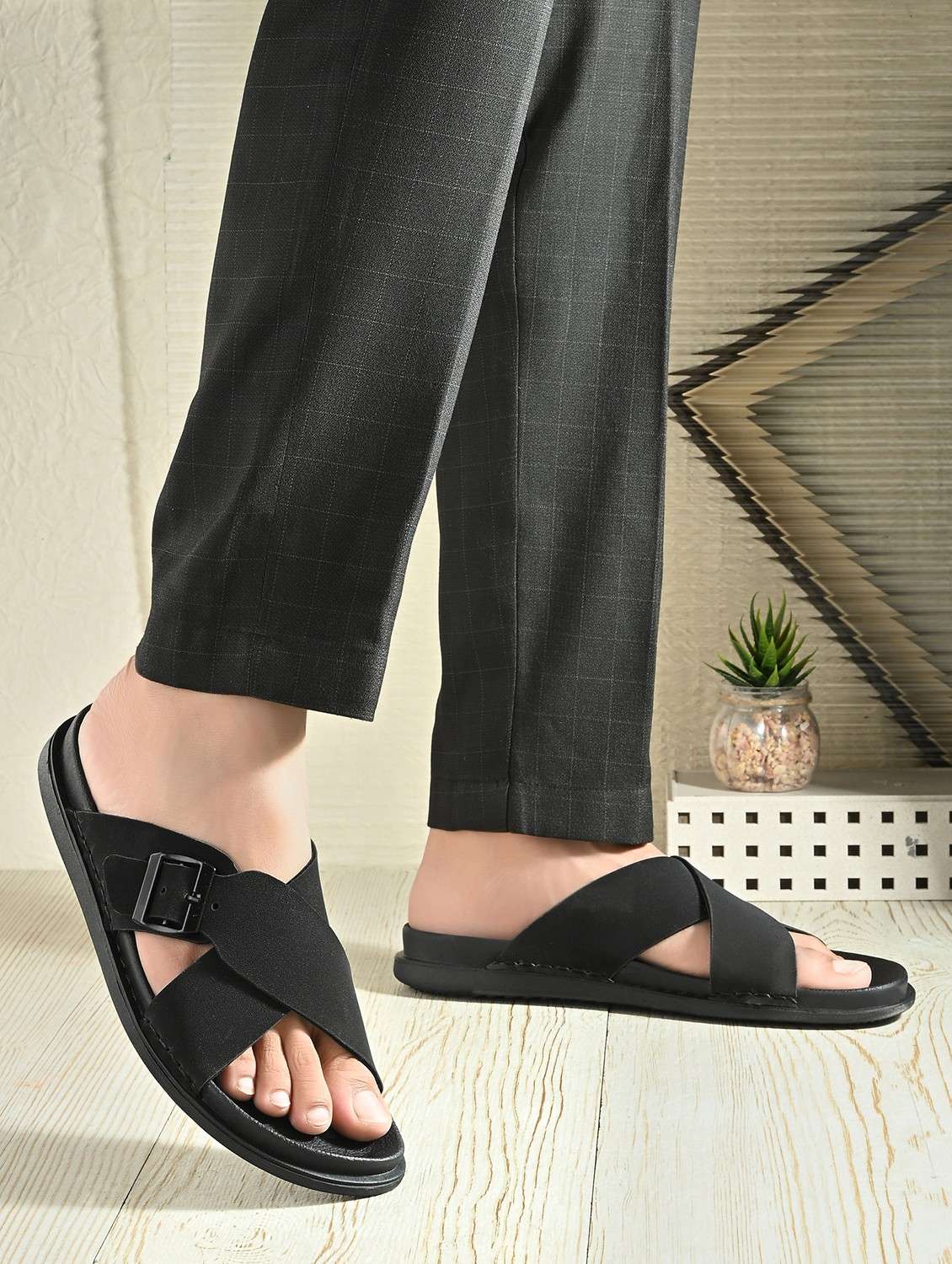 men solid black slip on sandal - 22058601 - Standard Image - 5