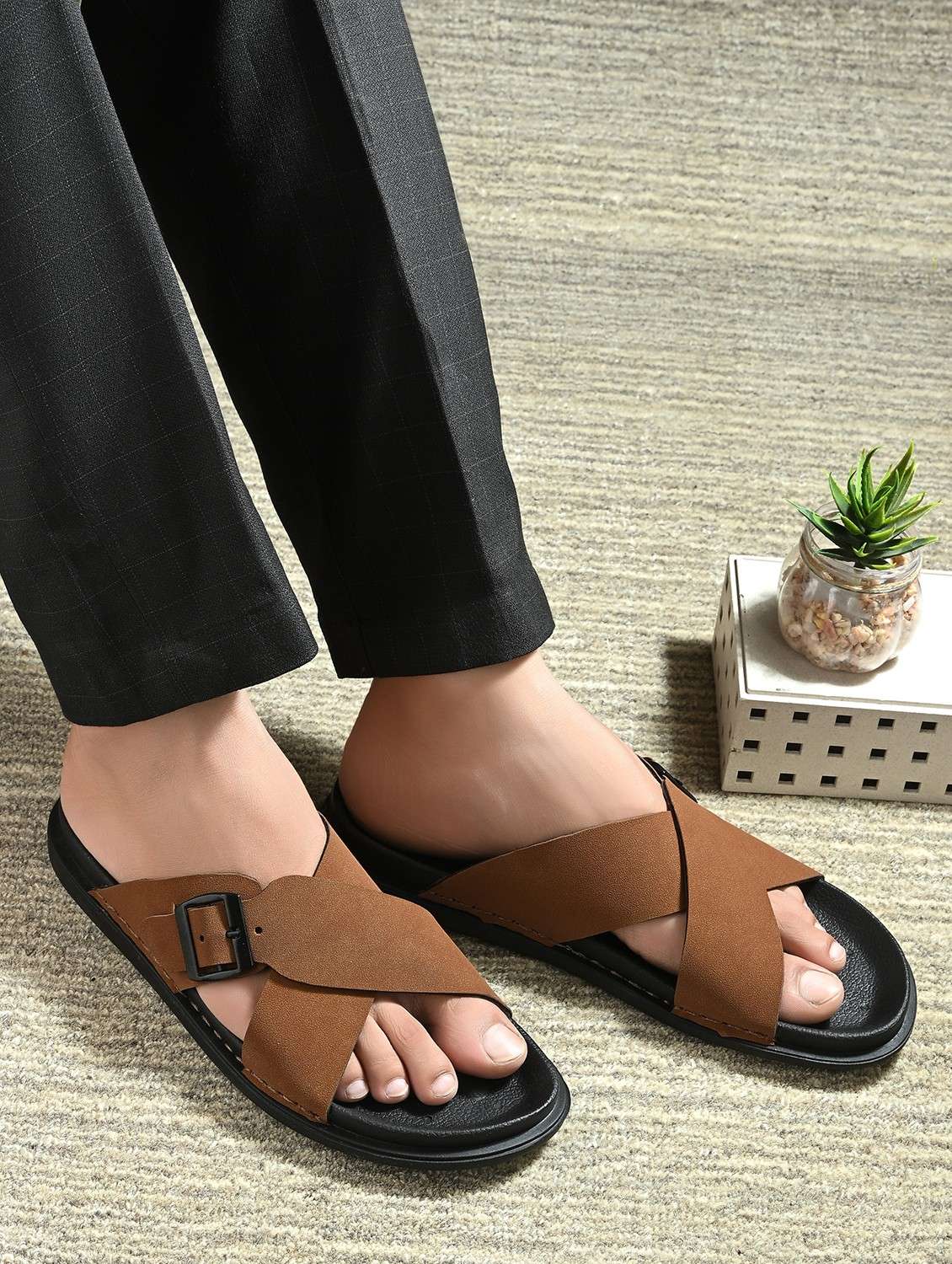 men solid brown slip on sandal - 22058602 -  Standard Image - 5