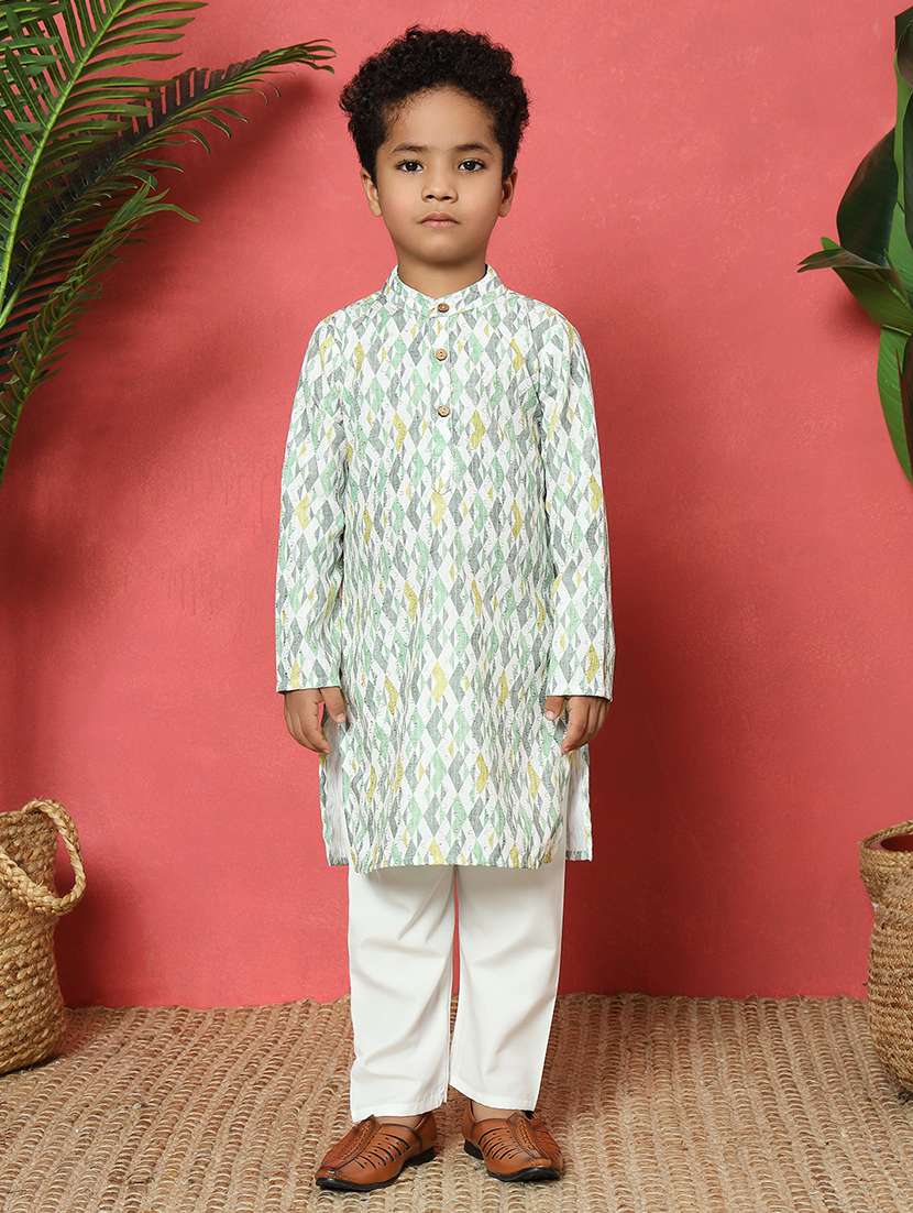 boys printed mandarin collar kurta pyjama set