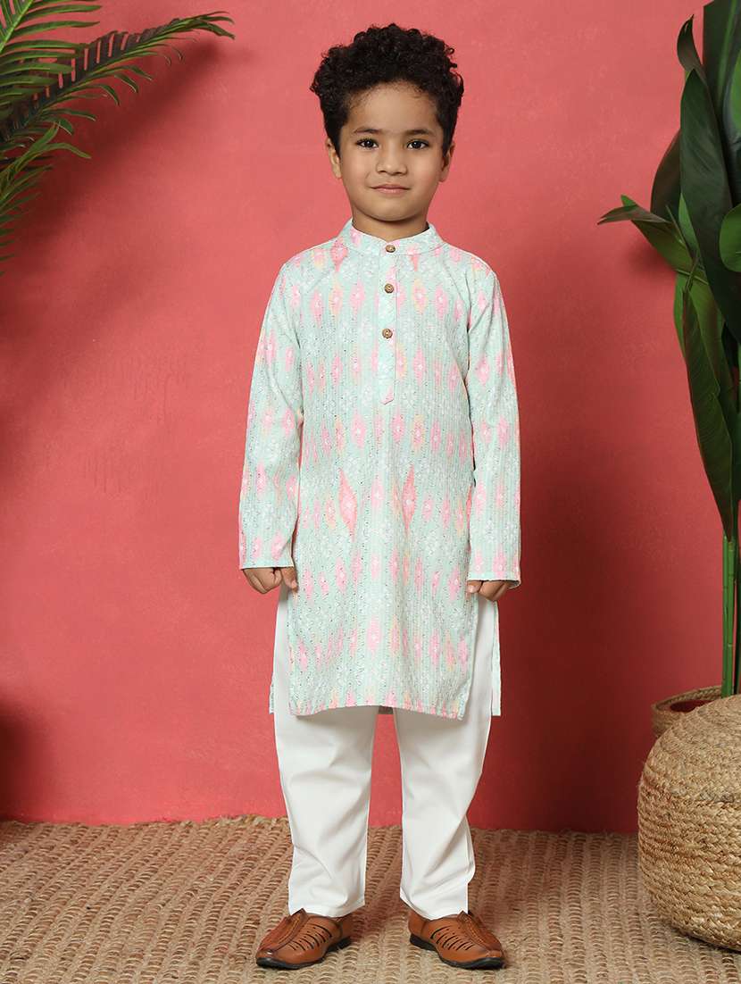 boys printed long sleeve kurta and pyjama set