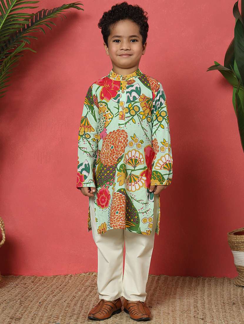 boys printed mandarin collar kurta pyjama set - 22058607 -  Zoom Image - 0