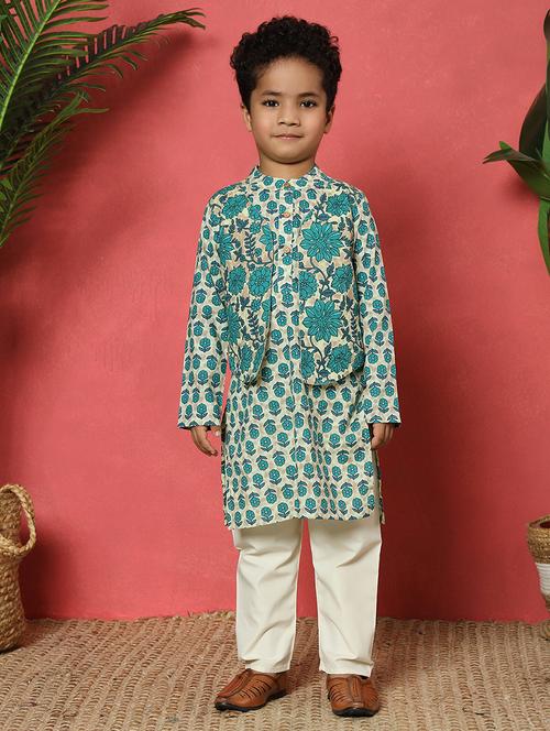 boys printed mandarin collar kurta pyjama set with nehru jacket - 22058608 - Standard Image - 0