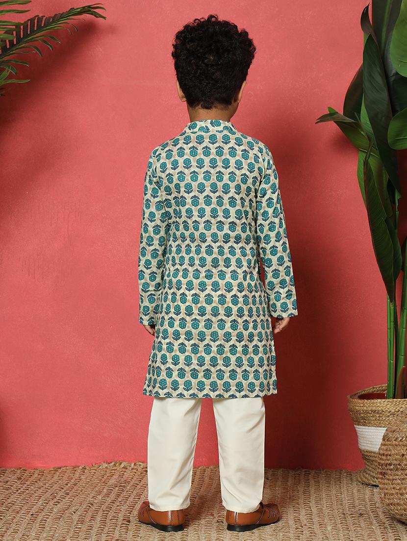 boys printed mandarin collar kurta pyjama set with nehru jacket - 22058608 - Standard Image - 3