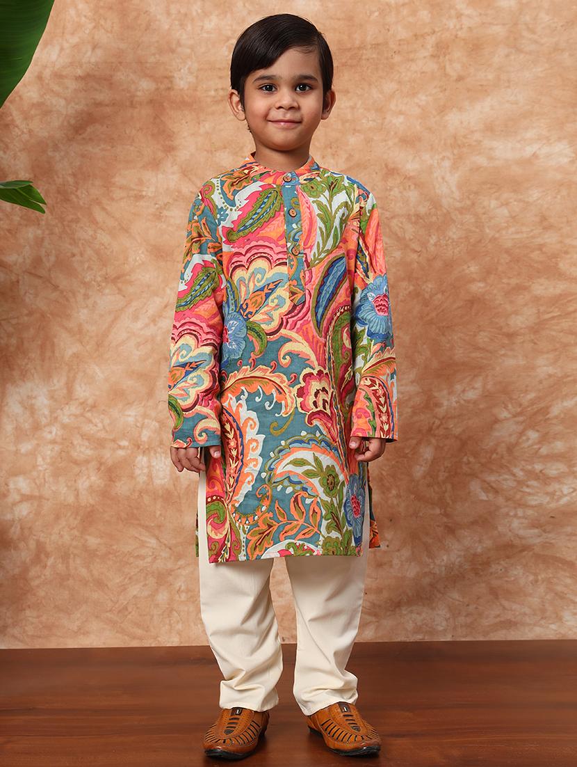 boys printed long sleeve kurta and pyjama set