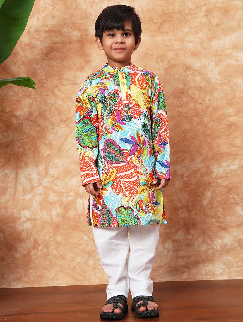 boys printed long sleeve kurta and pyjama set