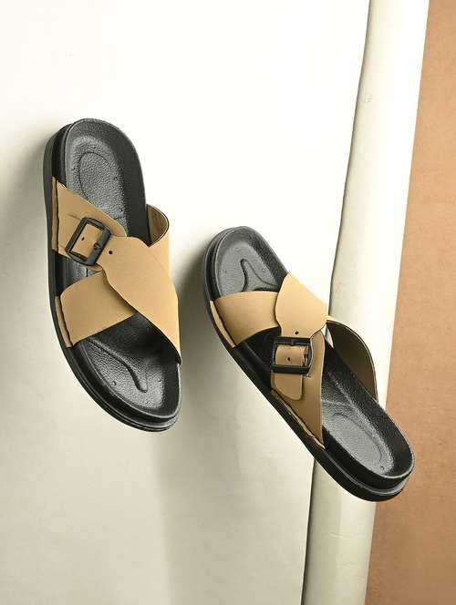 men beige solid slip on sandal - 22058616 - Standard Image - 0