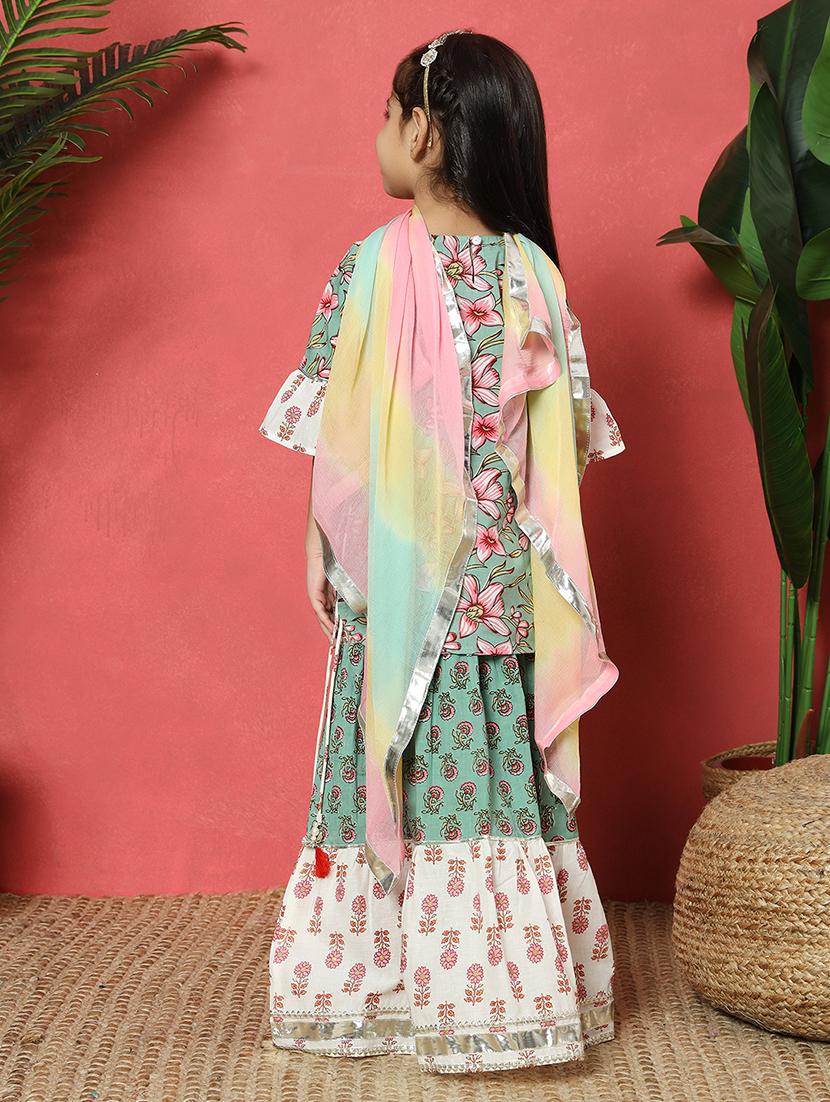 girls printed bell sleeve lehenga choli with dupatta - 22058617 - Standard Image - 3
