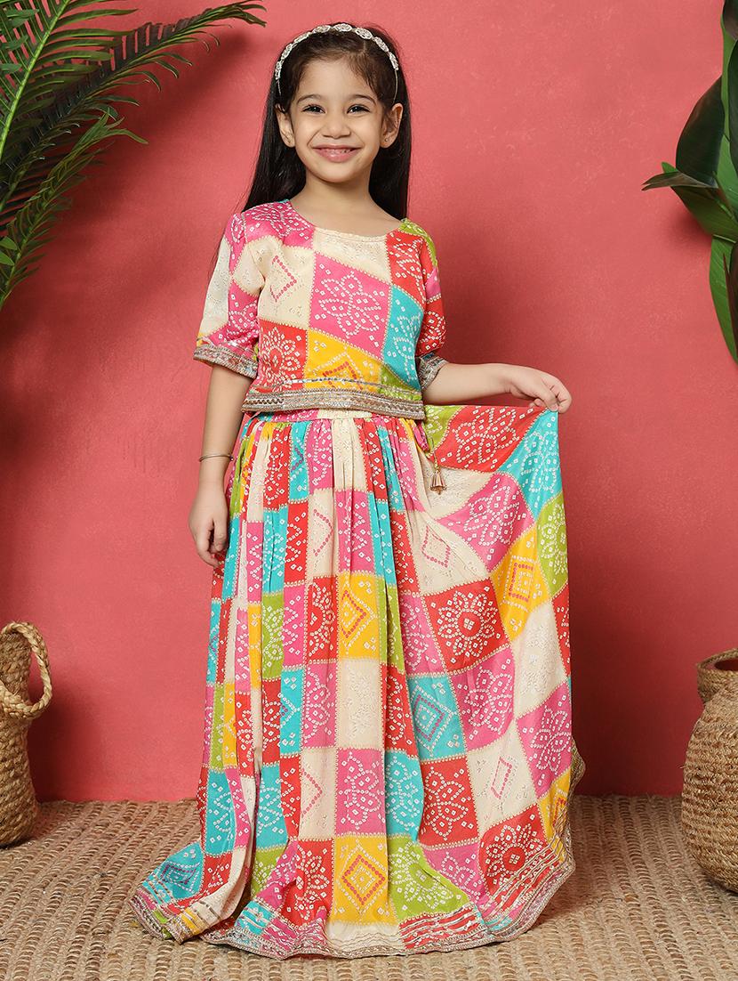 girls printed short sleeve lehenga and choli - 22058620 - Zoom Image - 0