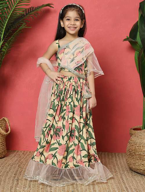 girls printed single shoulder lehenga and choli solid