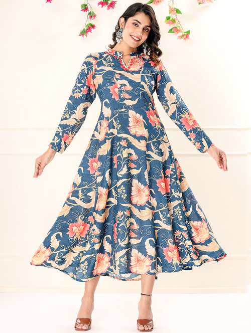 blue silk blend fit & flare gown - 22058628 -  Standard Image - 0