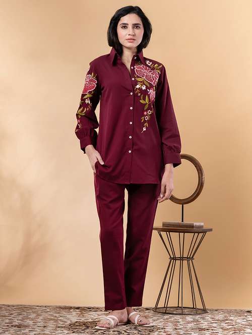 maroon cotton blend coord set - 22058650 - Standard Image - 0