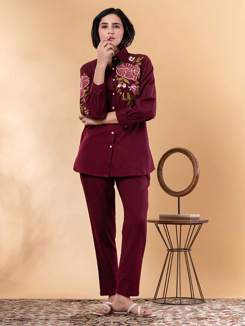 maroon cotton blend coord set - 22058650 - Standard Image - 3