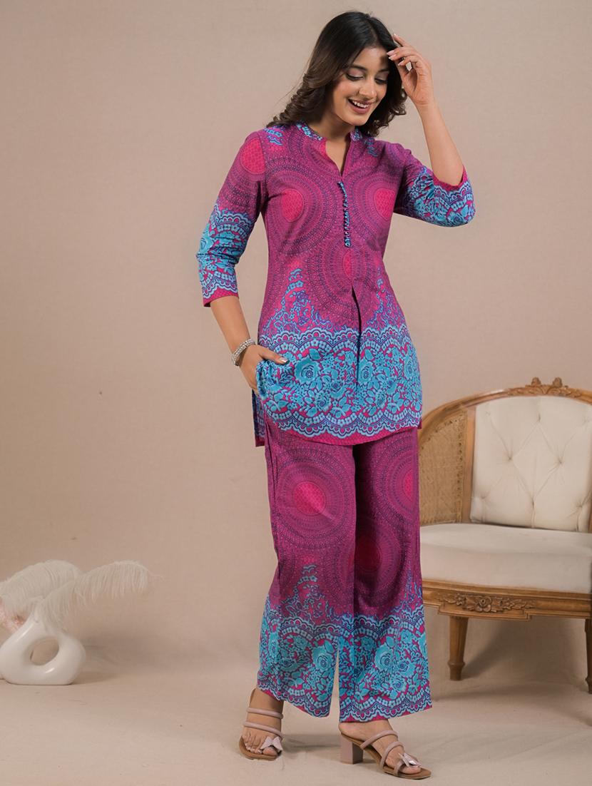 women three quarter sleeve regular fit ethnic co-ord set - 22058680 - Standard Image - 3
