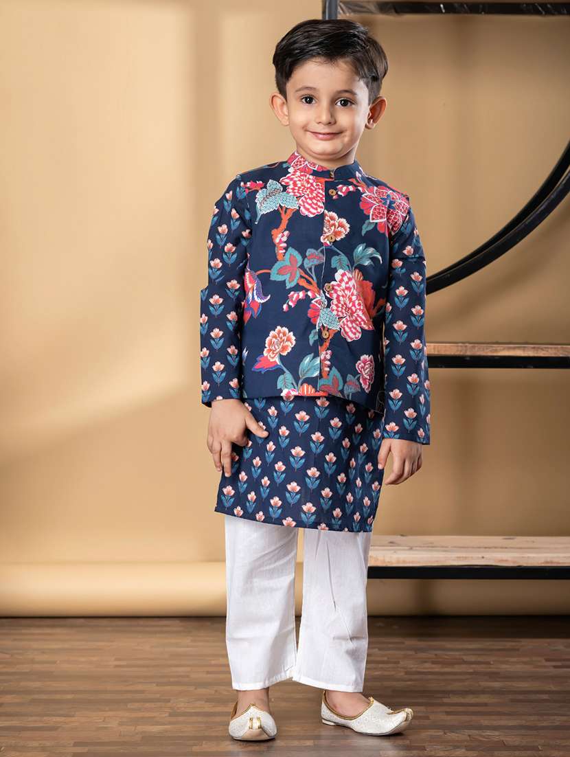 boys printed mandarin collar kurta pyjama set with nehru jacket