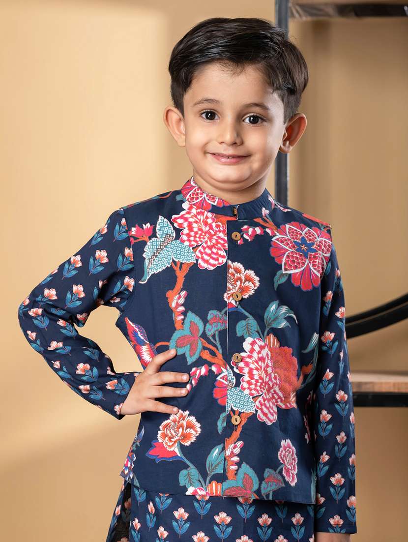 boys printed mandarin collar kurta pyjama set with nehru jacket - 22058705 -  Standard Image - 5