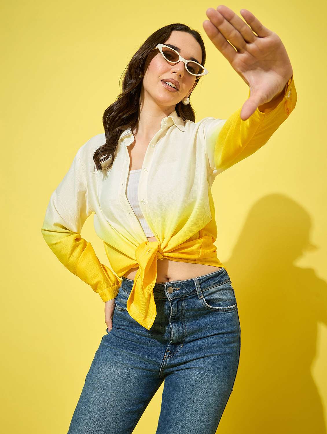 women ombre print collared long sleeve shirt