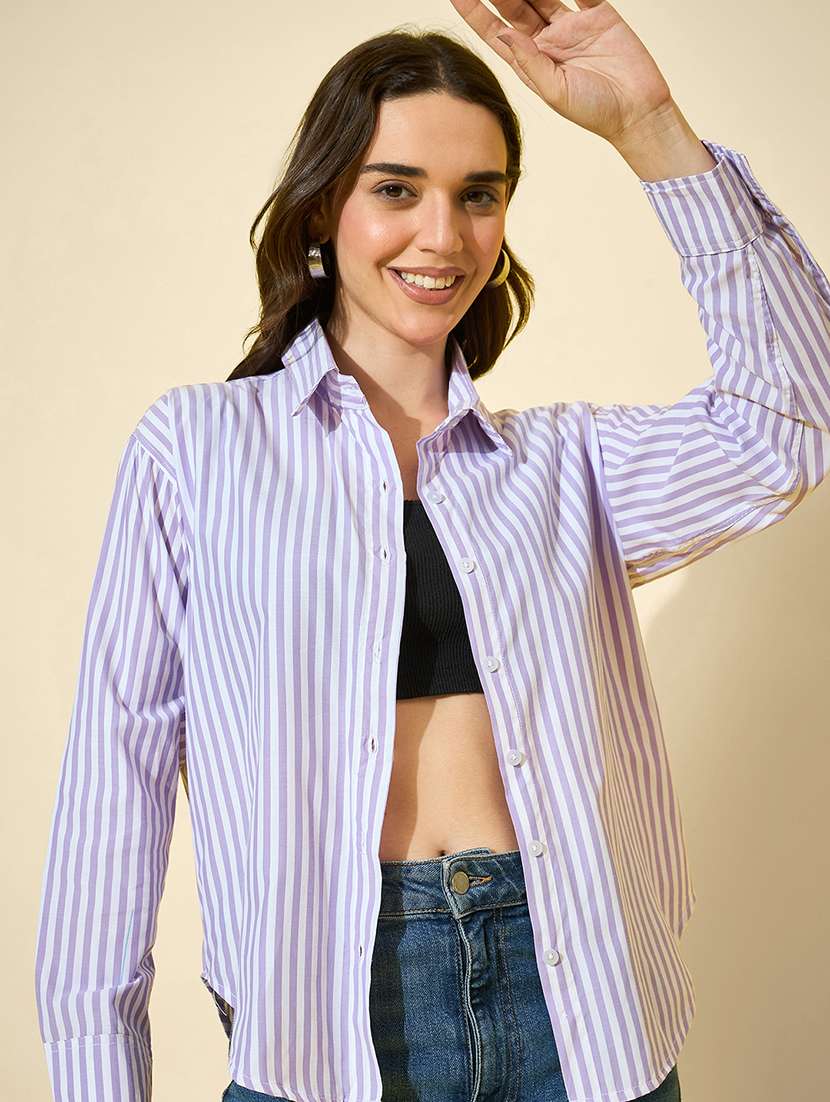 women striped collared long sleeve shirt - 22058725 - Standard Image - 3