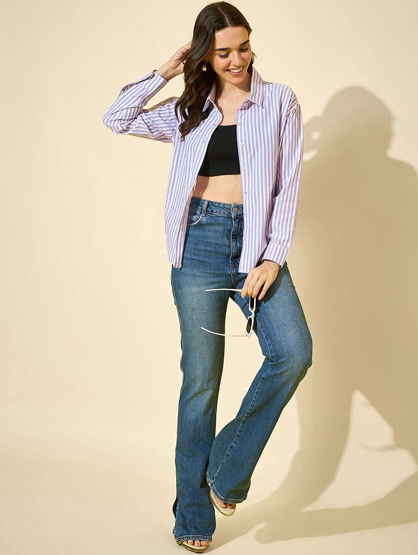 women striped collared long sleeve shirt - 22058725 - Standard Image - 5