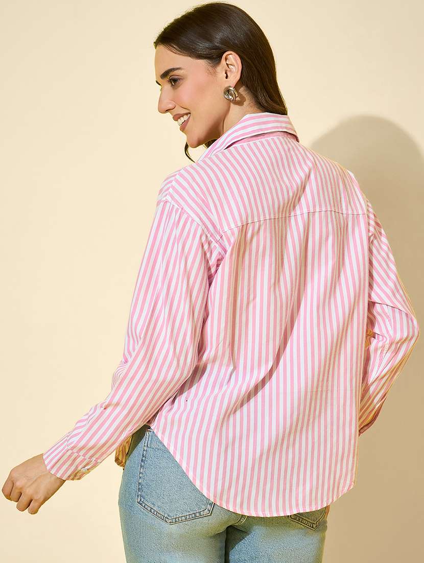women striped collared long sleeve shirt - 22058727 - Standard Image - 3