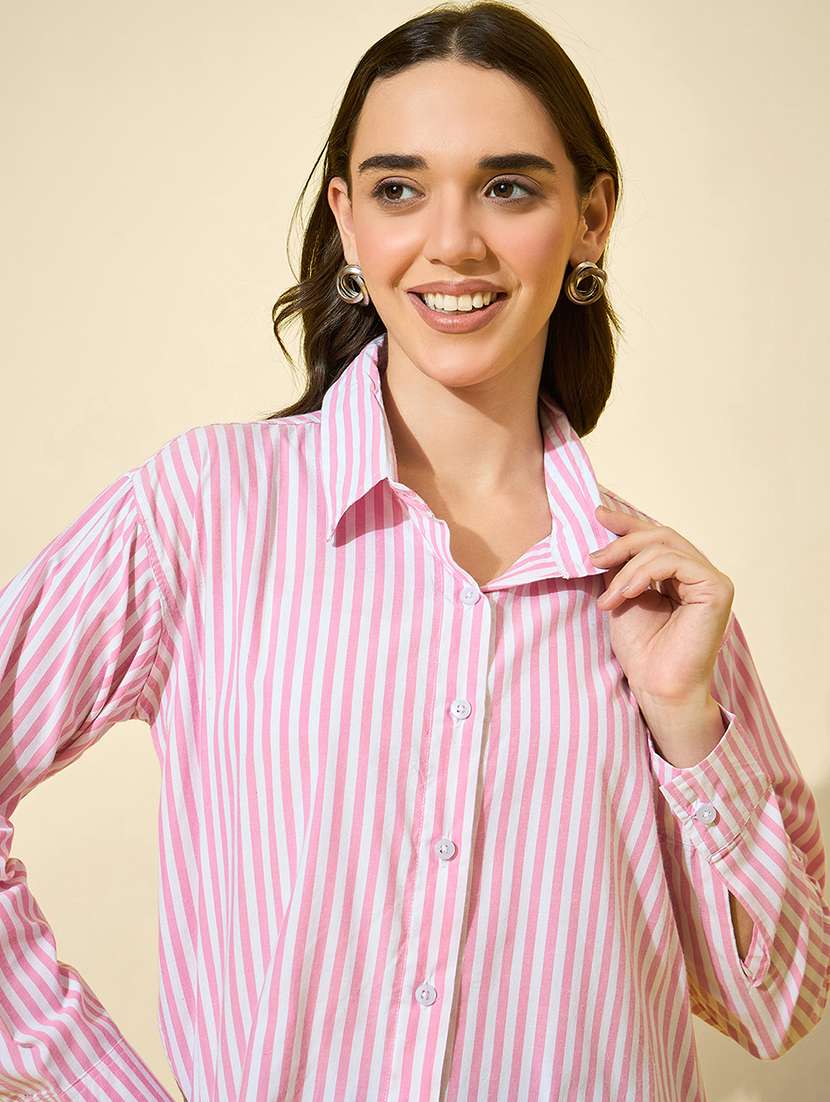 women striped collared long sleeve shirt - 22058727 - Standard Image - 5