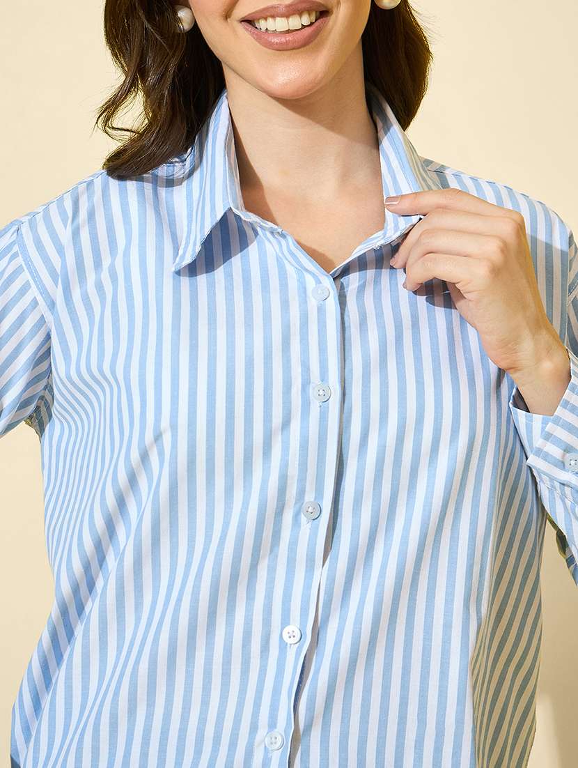 women striped collared long sleeve shirt - 22058728 - Standard Image - 5