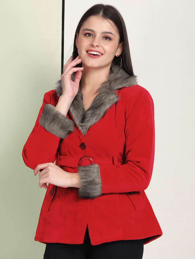 women solid long sleeve fur detailed jacket - 22058736 - Zoom Image - 0