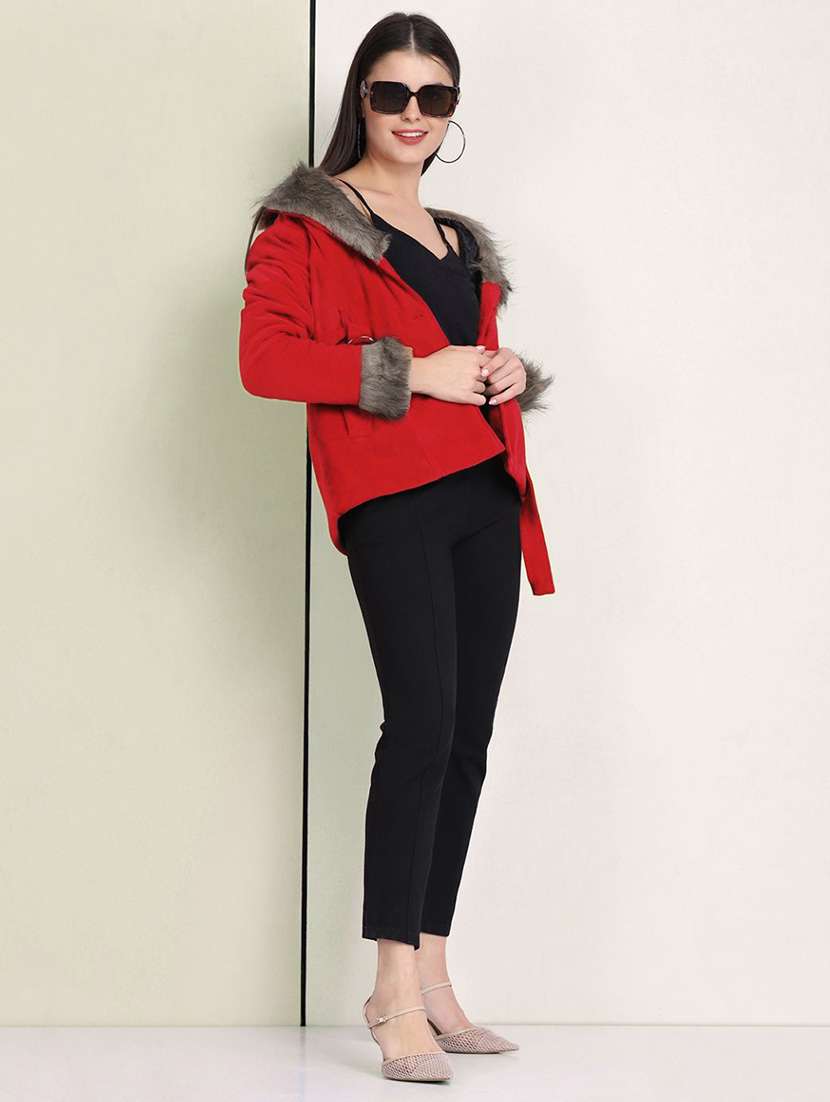 women solid long sleeve fur detailed jacket - 22058736 - Standard Image - 5