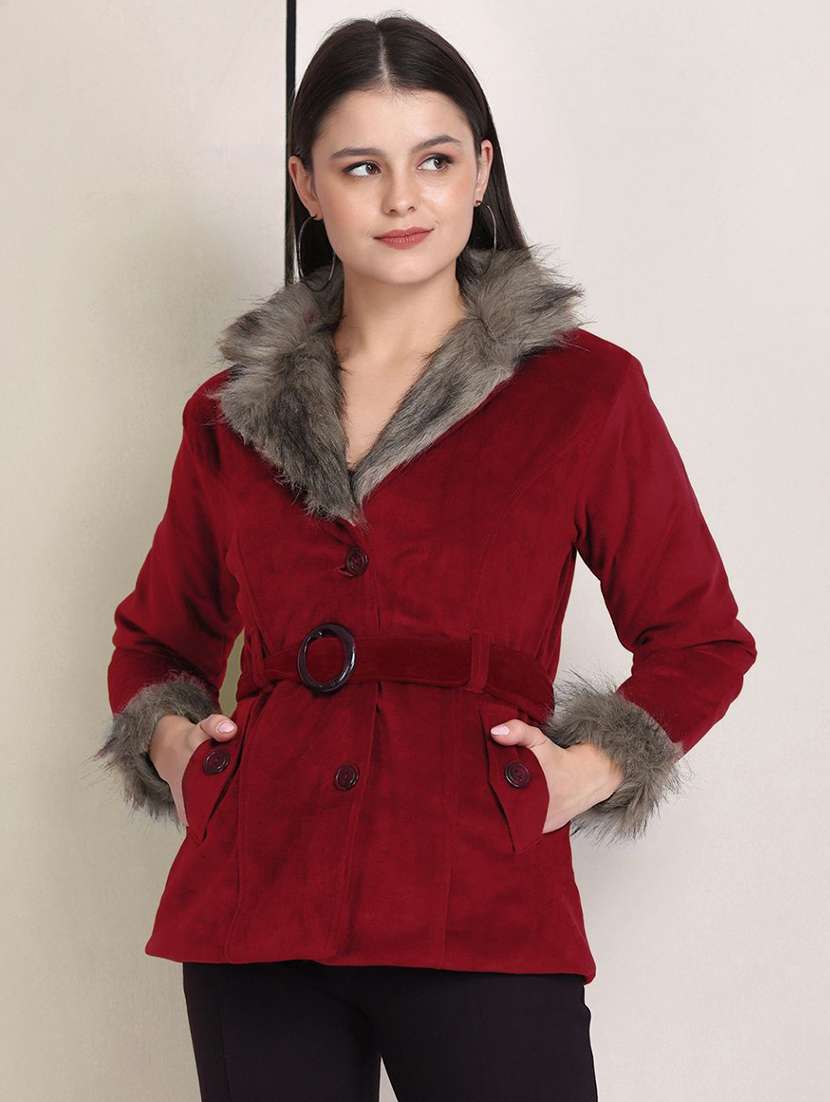 women solid long sleeve fur detailed jacket - 22058737 - Zoom Image - 0
