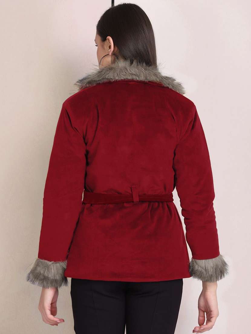 women solid long sleeve fur detailed jacket - 22058737 - Standard Image - 3