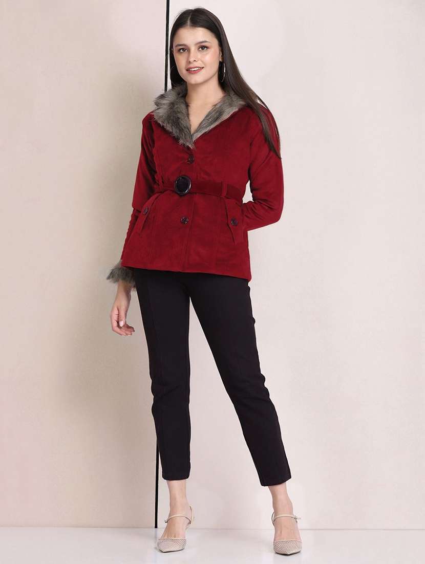 women solid long sleeve fur detailed jacket - 22058737 - Standard Image - 5