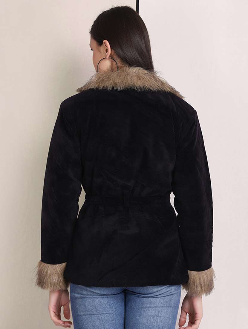 women solid long sleeve fur detailed jacket - 22058738 - Standard Image - 3