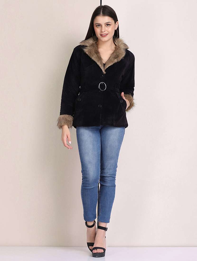 women solid long sleeve fur detailed jacket - 22058738 - Standard Image - 5