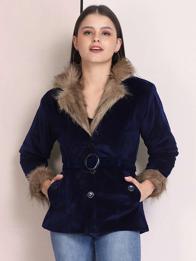 women solid long sleeve fur detailed jacket