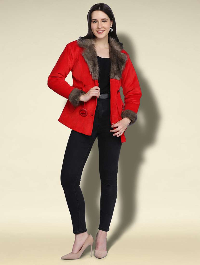 women solid long sleeve fur detailed jacket - 22058740 - Standard Image - 5