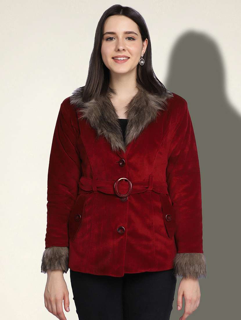 women solid long sleeve fur detailed jacket - 22058741 -  Zoom Image - 0