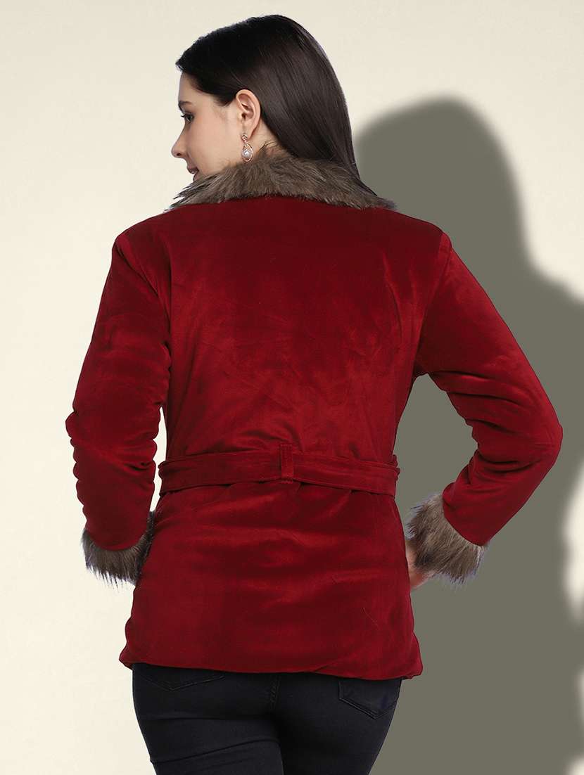 women solid long sleeve fur detailed jacket - 22058741 - Standard Image - 3