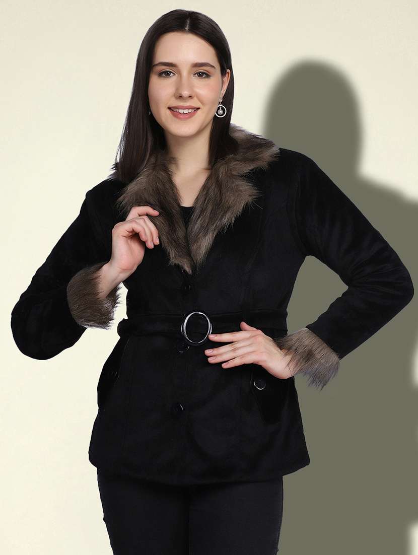 women solid long sleeve fur detailed jacket