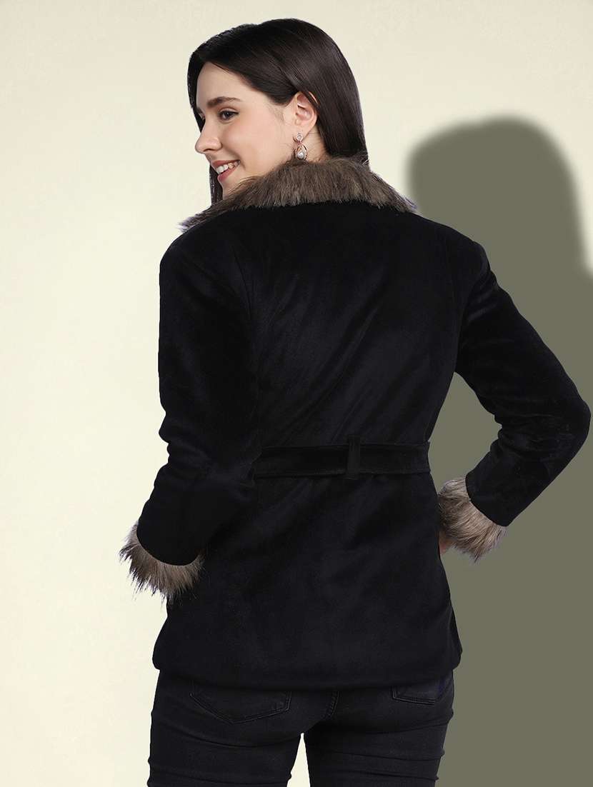 women solid long sleeve fur detailed jacket - 22058742 - Standard Image - 3