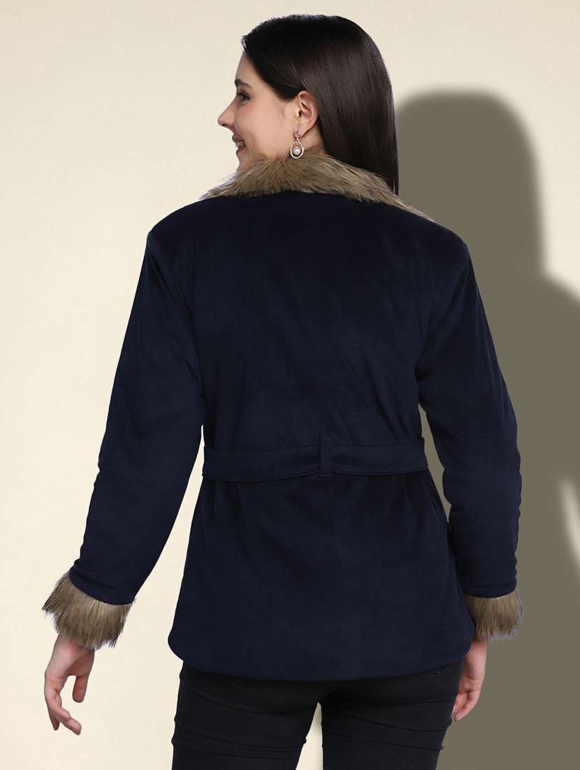 women solid long sleeve fur detailed jacket - 22058743 -  Standard Image - 3