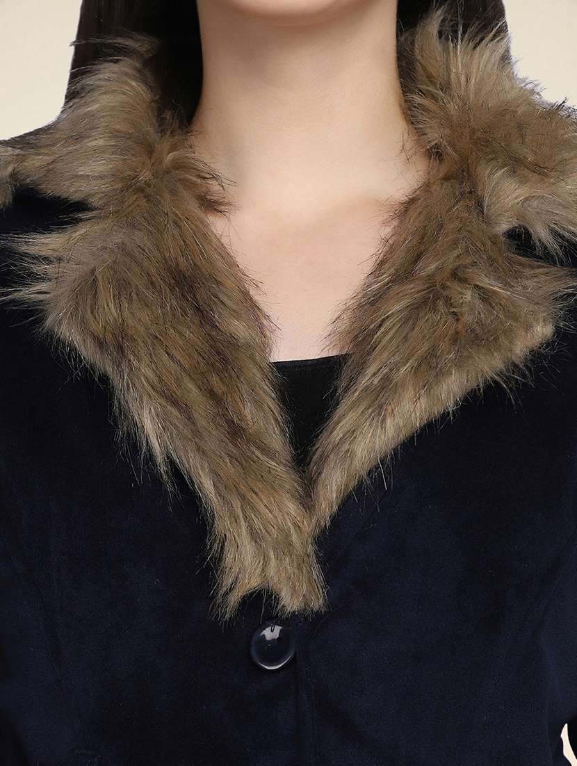 women solid long sleeve fur detailed jacket - 22058743 -  Standard Image - 5