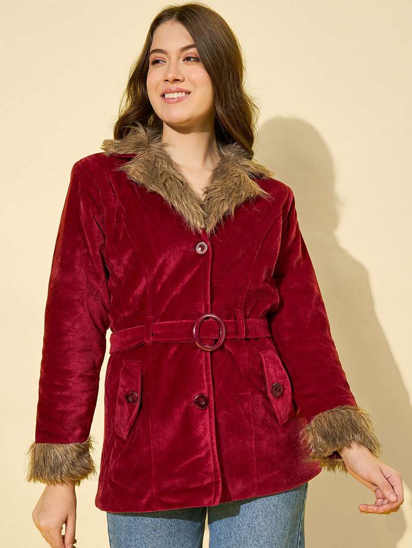 women solid long sleeve fur detailed jacket - 22058745 - Zoom Image - 0