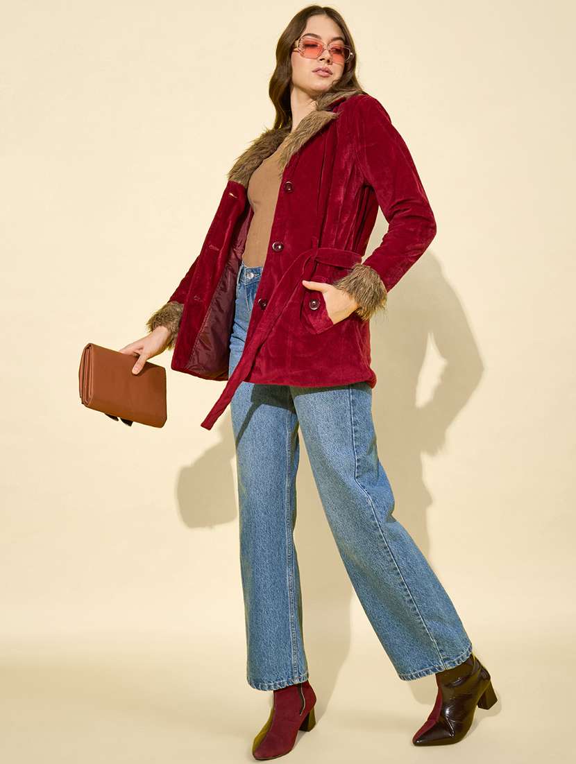 women solid long sleeve fur detailed jacket - 22058745 - Standard Image - 3