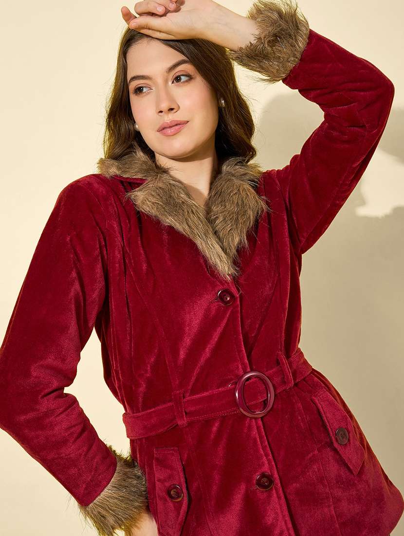 women solid long sleeve fur detailed jacket - 22058745 - Standard Image - 5