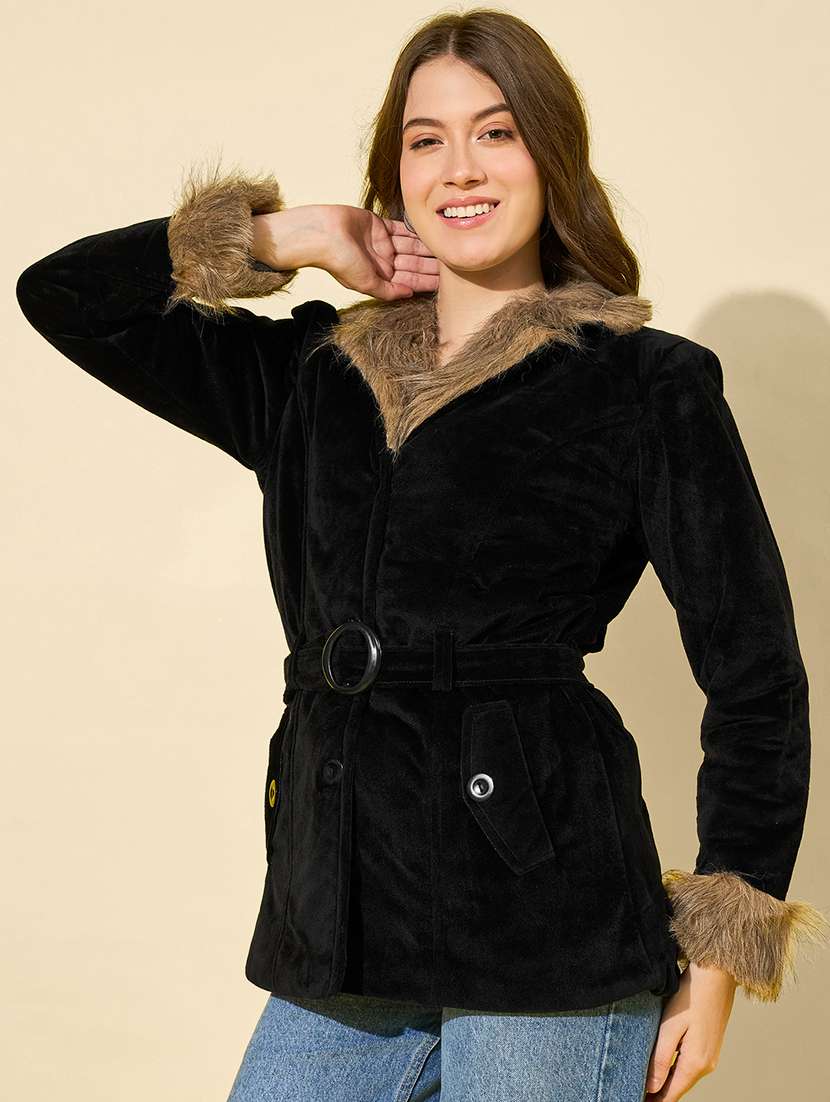 women solid long sleeve fur detailed jacket