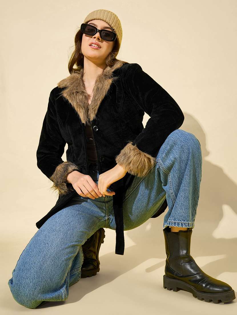 women solid long sleeve fur detailed jacket - 22058746 - Standard Image - 3
