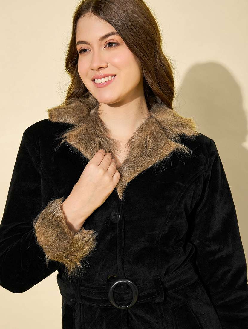 women solid long sleeve fur detailed jacket - 22058746 - Standard Image - 5