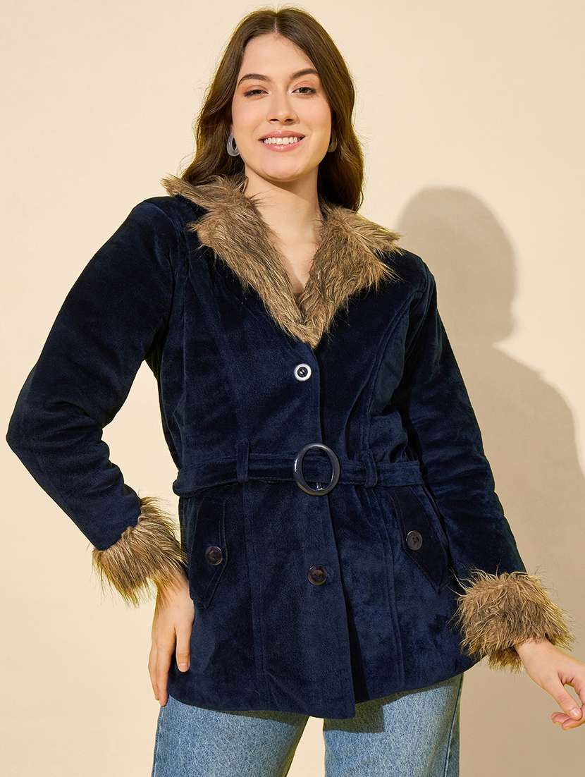 women solid long sleeve fur detailed jacket