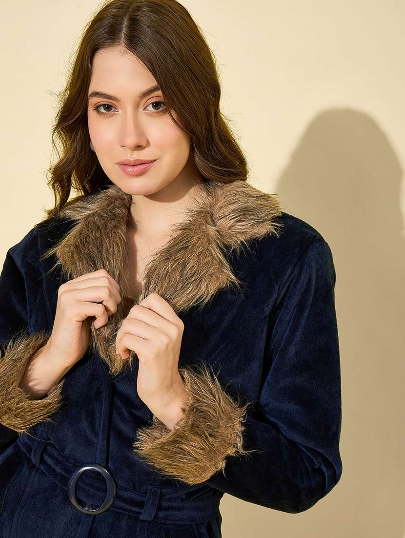 women solid long sleeve fur detailed jacket - 22058747 -  Standard Image - 5