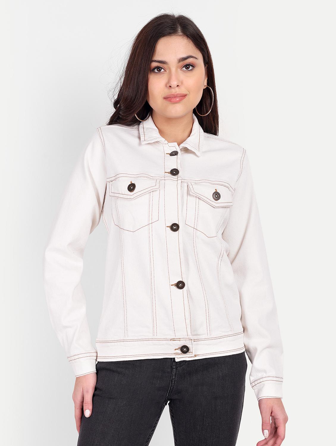 women solid collared long sleeve denim jacket
